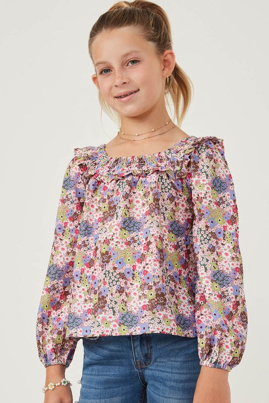 Girls Floral Print Smocked Ruffle Top