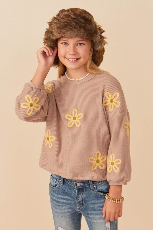 Rib Knit Embroidered Daisy Top