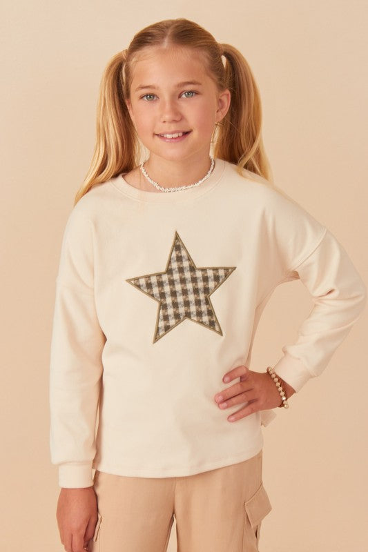 Girls Houndstooth Star Embroidered Patch Knit Top