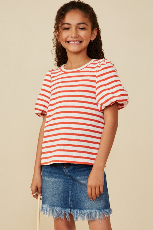 Girls Striped Terry Textured Puff Sleeve Knit Top