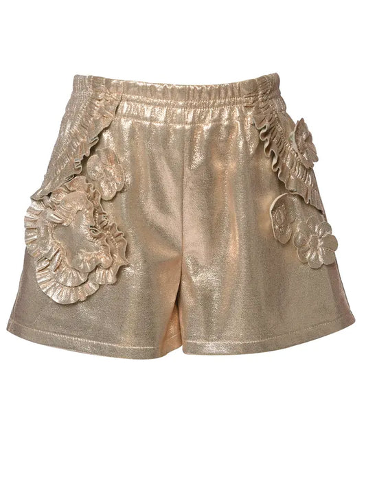 Gold Metallic Leather Shorts with Frills