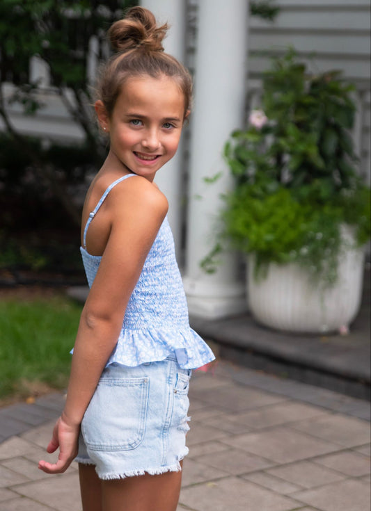 smocked blue floral peplum top