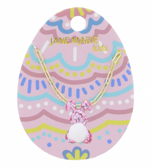 Pink Glitter Bunny - White Pom Tail Necklace