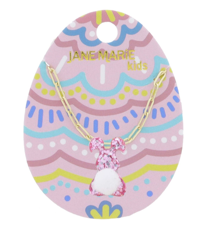 Pink Glitter Bunny - White Pom Tail Necklace