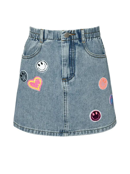 Stonewash Vintage Jean Skirt with Sequin Patches